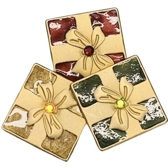 Vintage Christmas Presents Gift Brooch Pin 2.5" Icy Rhinestone Enamel Gold-tone - Picture 6 of 9